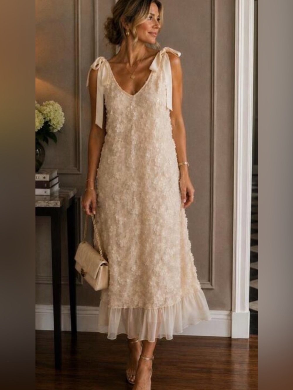 ANTHROPOLOGIE EN SAISON EMRYN SEQUIN A-LINE BOW CREAM MIDI DRESS S/ M NWT